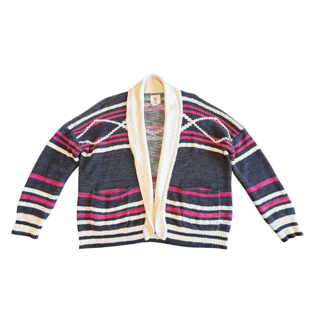 Billabong Australia Fair Isle Open Front Cardigan Sweater Dk Gray Pink Womens M
